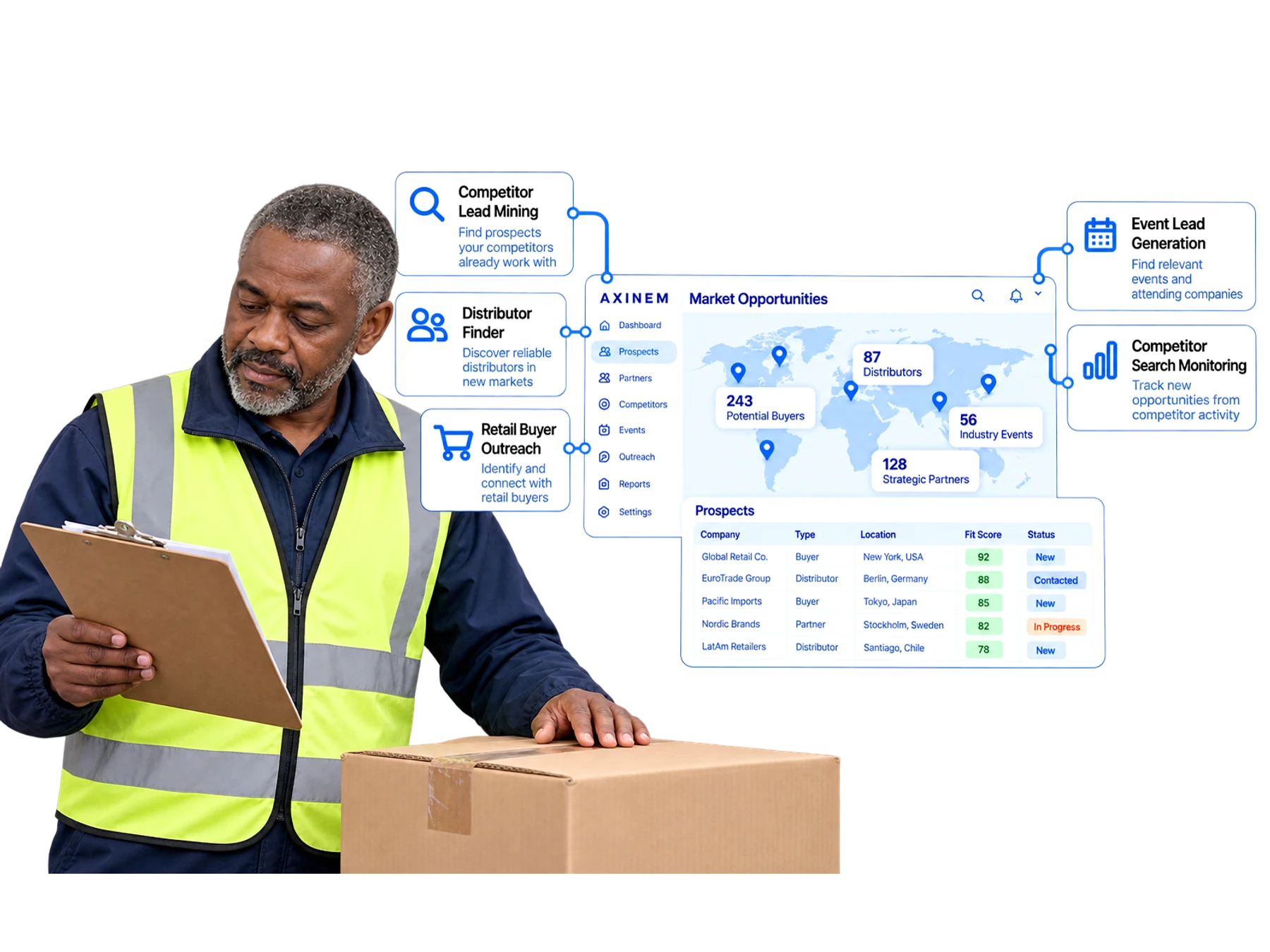 A logistics professional works with buyer, partner and market opportunity information.